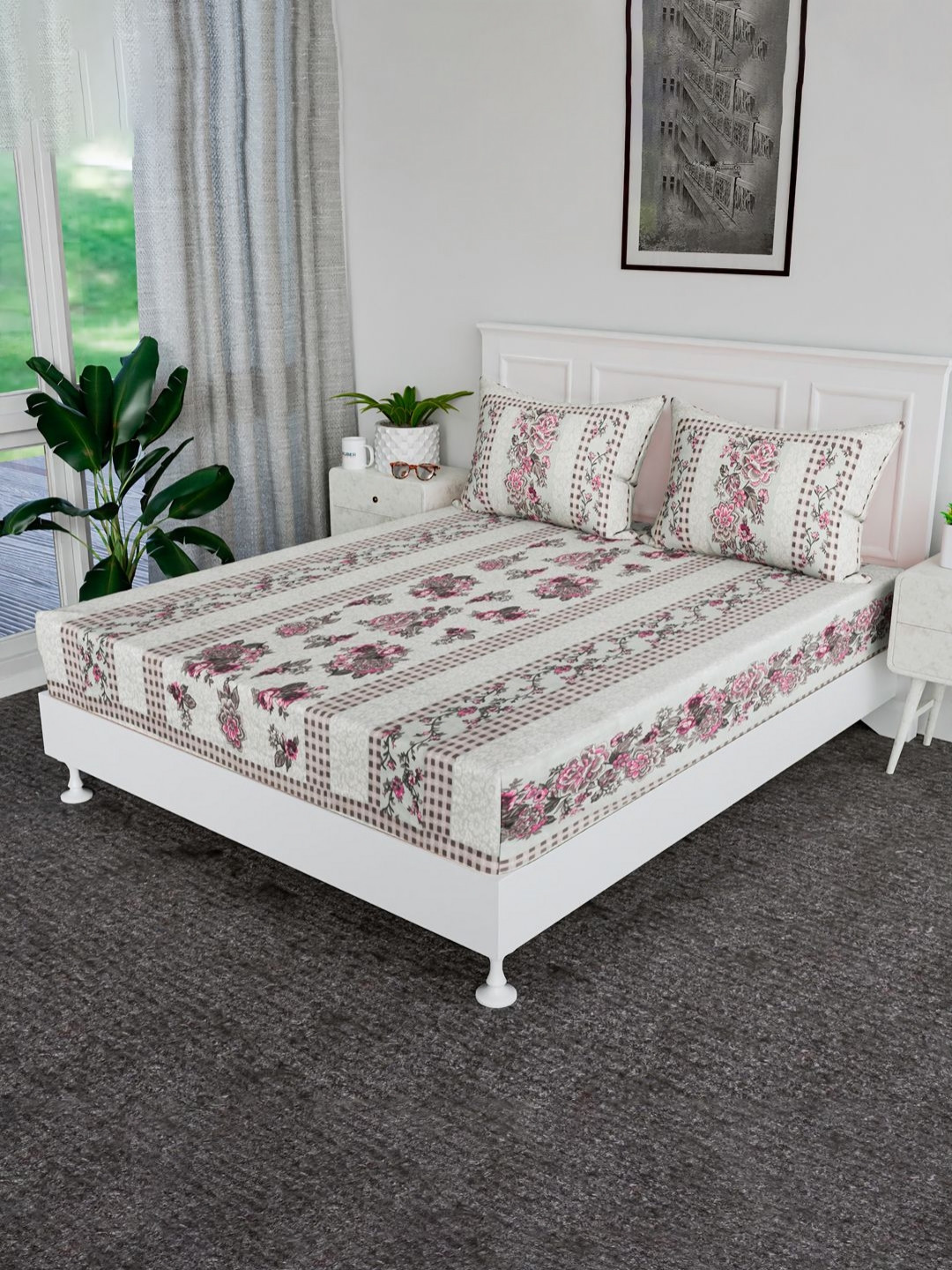 Myntra Elegant Homes White Floral Cotton Wrinkle Free 160 TC King Bedsheet with 2 Pillow Covers-107 x 100 inches