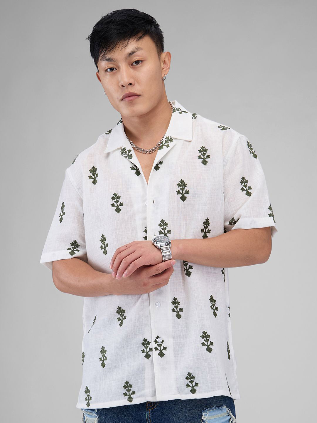 VASTRADO White & Olive Embroidered Cuban Collar Pure Cotton Oversized Shirt