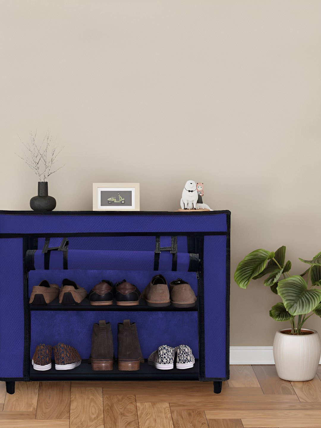 Rmerchants Blue 2 Layers Stainless Steel Collapsible Shoe Rack With Dust Cover