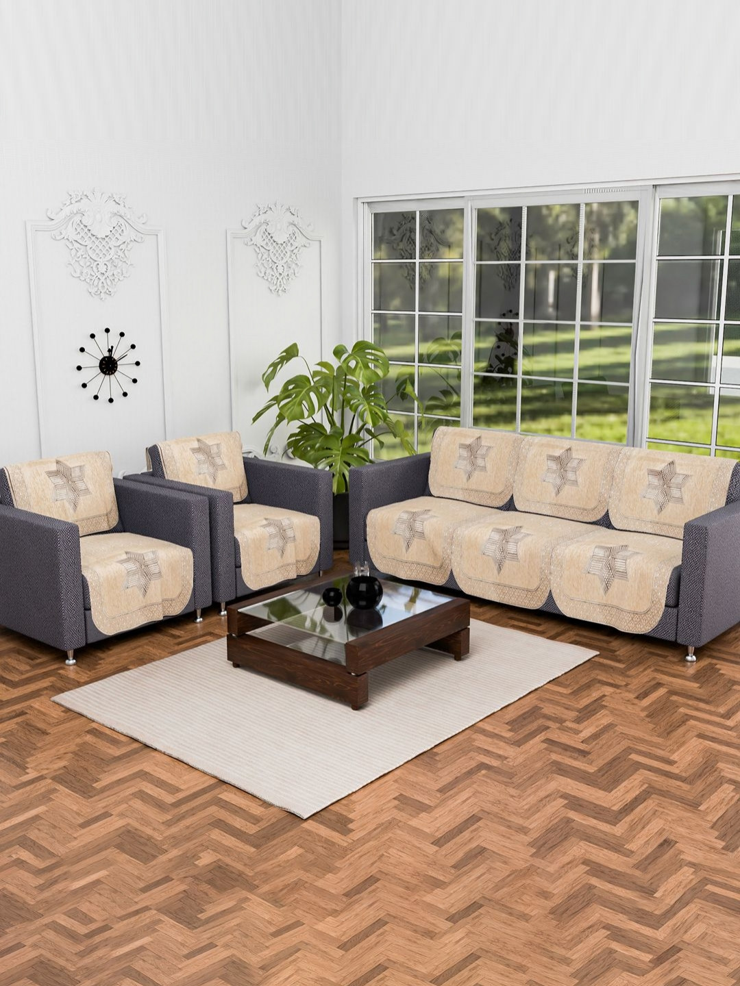 Myntra Elegant Homes Cream-Coloured & White 10 Pieces Printed Shaneel 5 Seater Sofa Covers