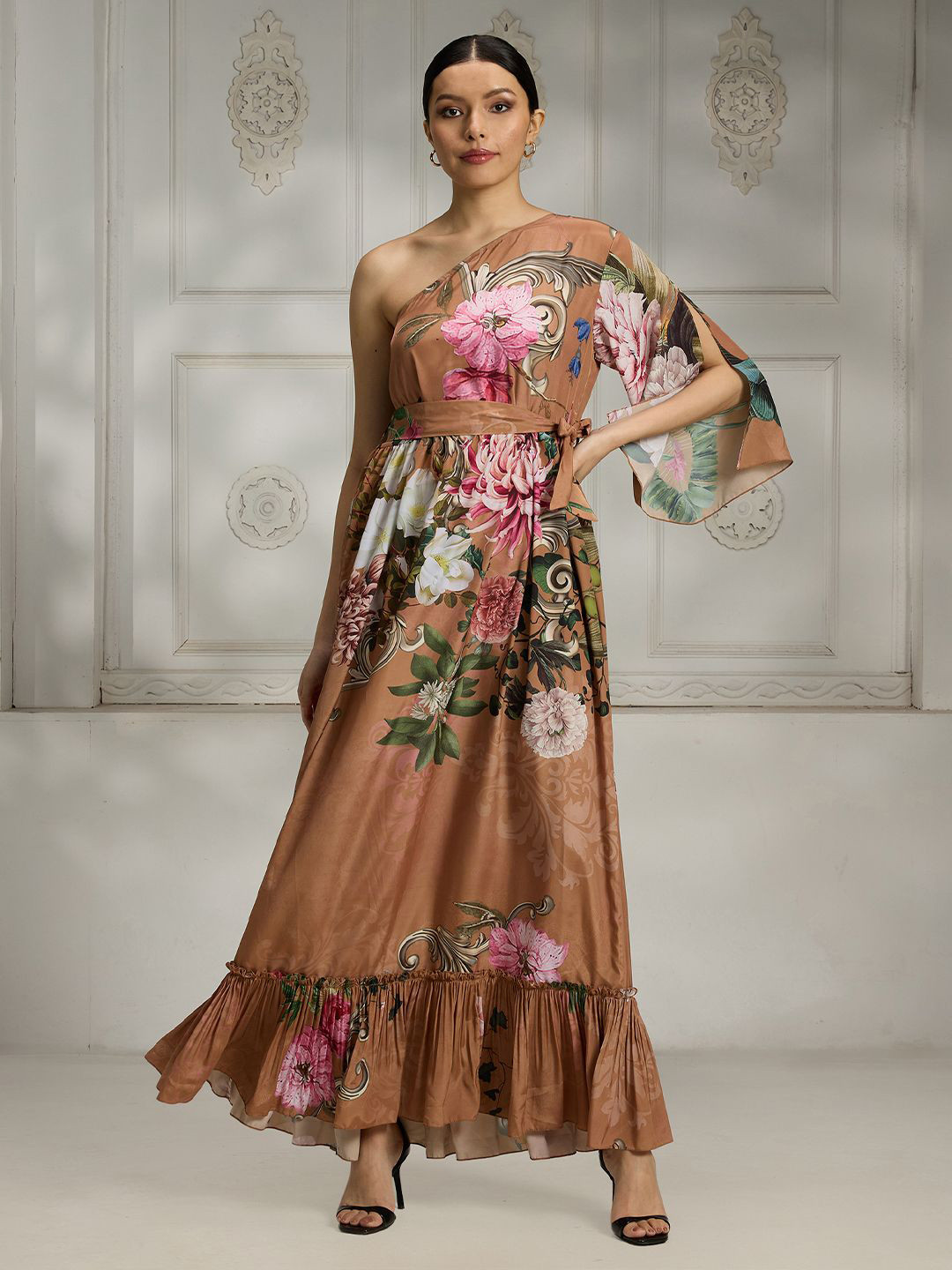 Rivaar By Rocky Star Floral Print One Shoulder Flared Sleeve A-Line Maxi Dress