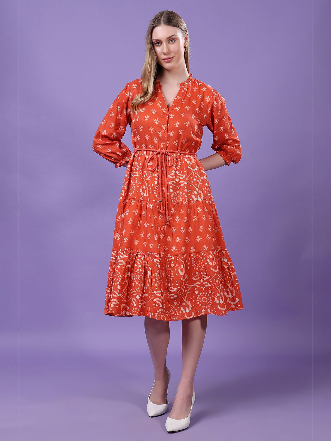 RANGRIWAZ Women Batik Print Belted Fit & Flare Midi Dress