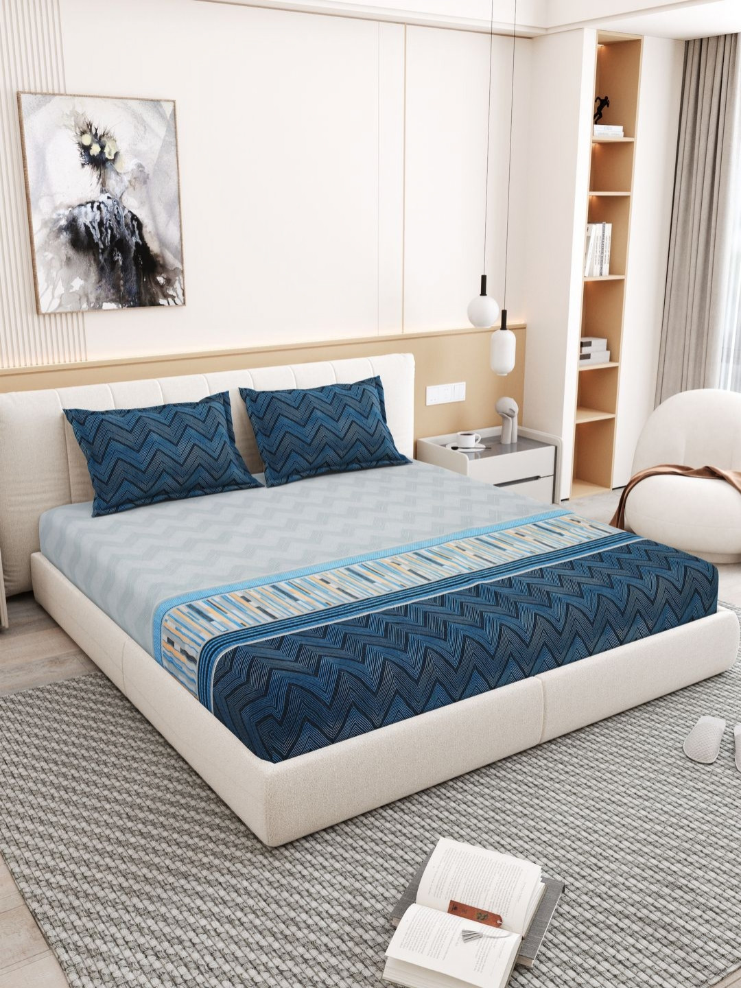 ADHUNA Green Chevron Cotton 250 TC Single Fine Bedsheet with 2 Pillow Covers-360 x 320 cm