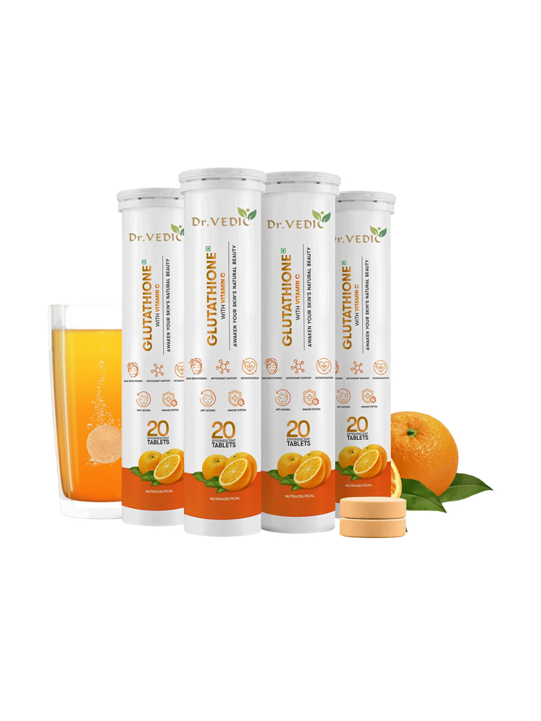 Dr Vedic Set Of 4 Glutathione With Vitamin C Effervescent Tablets - Orange - 20 Tab Each
