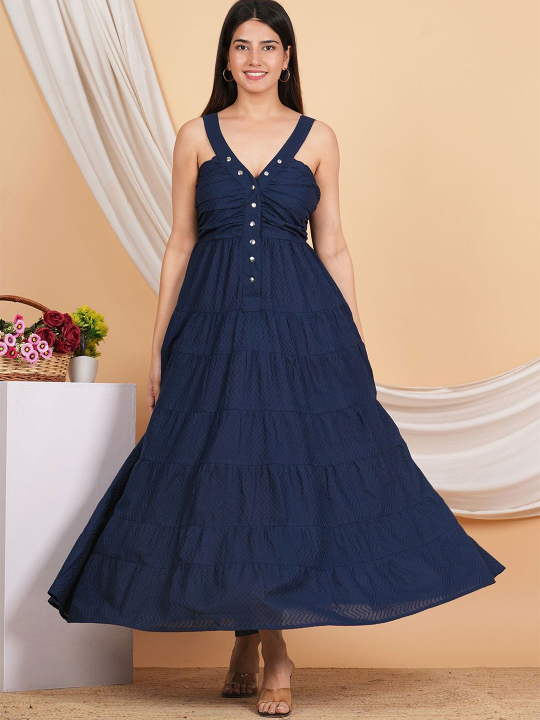 KALINI Solid Print Tiered Shoulder Strap Maxi Dress