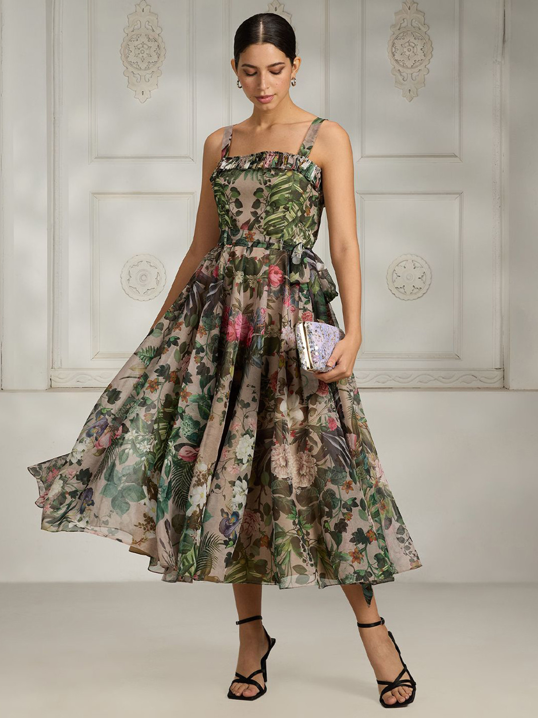 Rivaar By Rocky Star Floral Printed Ruffles Square Neck Shoulder Straps Midi A-Line Dress