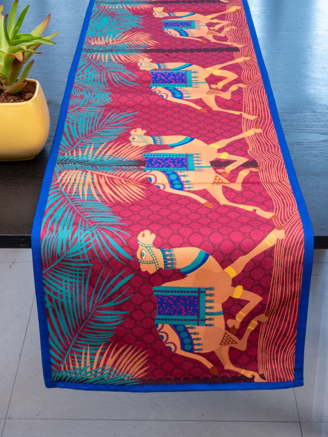 Indisca Designs Pink & Blue Moonlit Camels Caravan Printed Table Runner