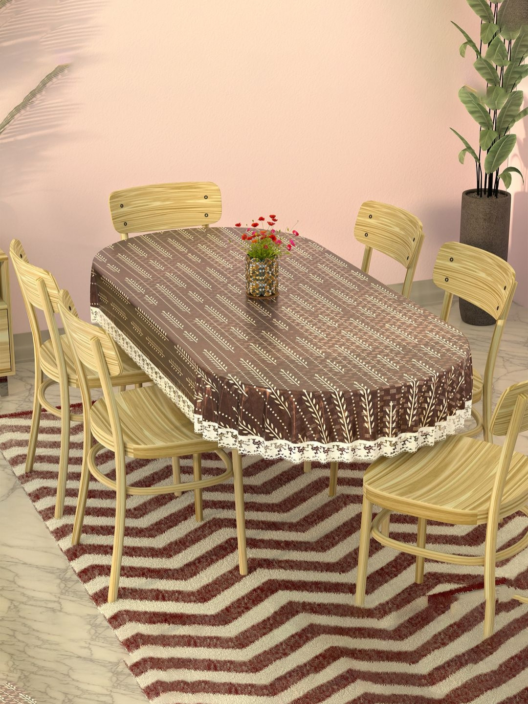 Myntra Elegant Homes Cream Lining Leaf Oval PVC 6-Seater Table Cover