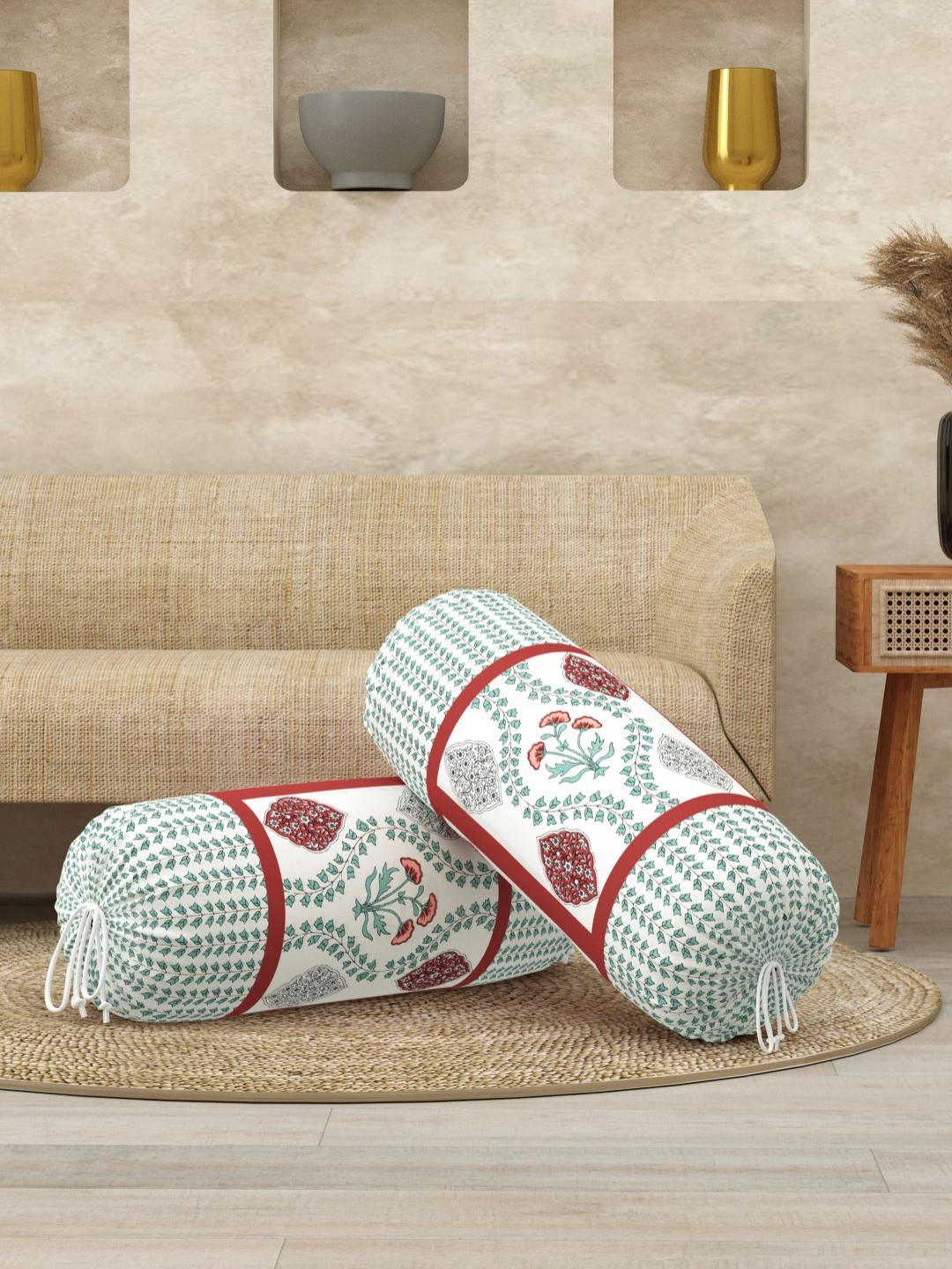 BLOCKS OF INDIA Red & White 2 Pieces Floral Printed Cotton Cylindrical Bolster Covers