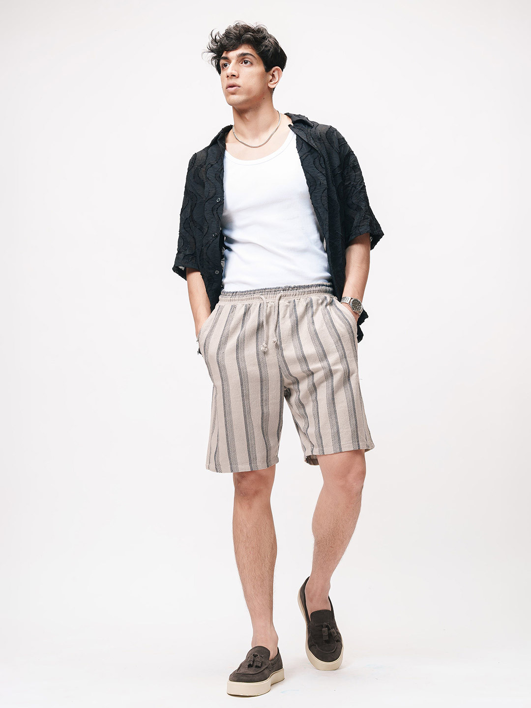 FREAKINS Wistful White Striped Men's Bermuda Shorts