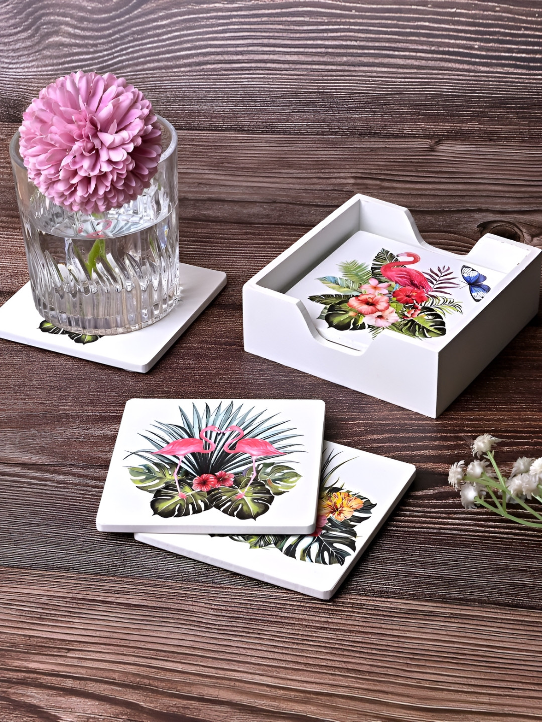 Storepedia 6 Pieces Green & White Flamingo Printed Square Wooden Coasters With Stand