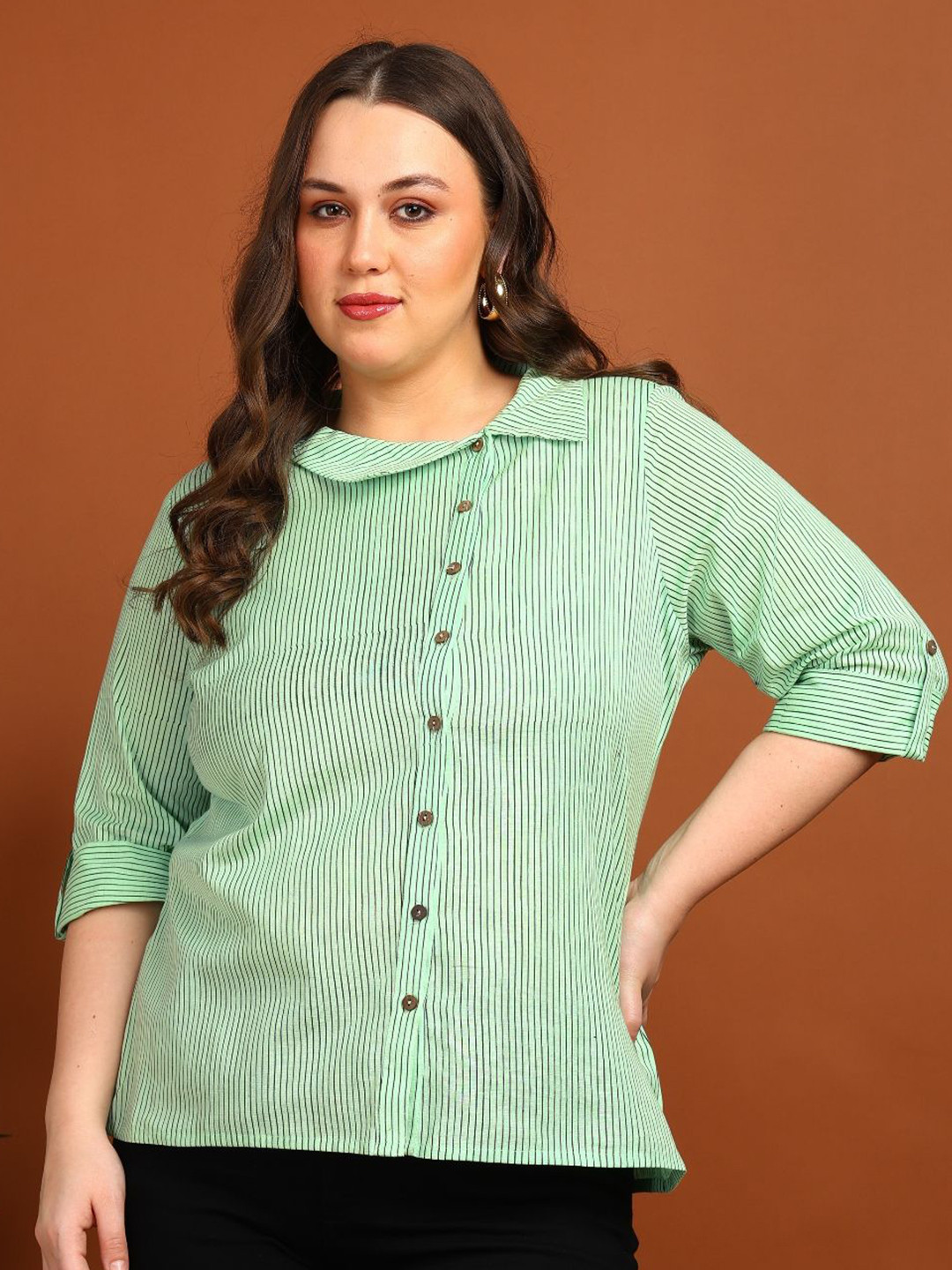 KALINI Women Vertical Stripes Printed Peter Pan Collar Casual Shirt