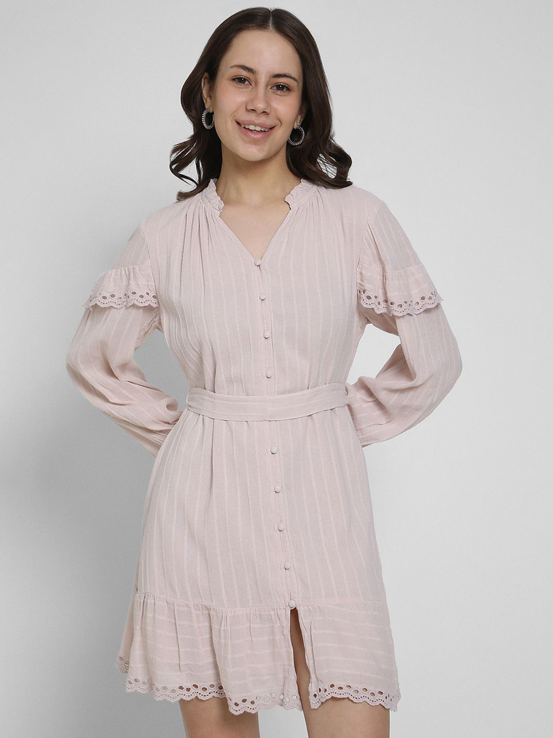 AMERICAN EAGLE OUTFITTERS Women Striped Printed Puff Sleeves Cotton A-Line Mini Dress