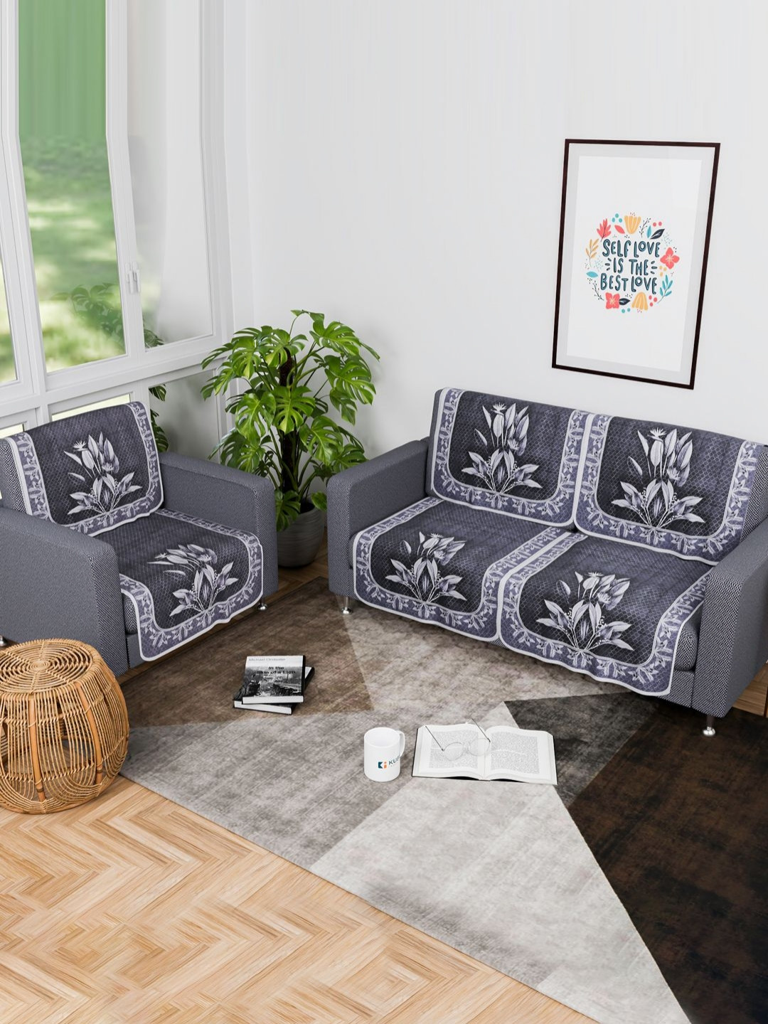 Myntra Elegant Homes Grey & Lavender 6 Pieces Printed Cotton 3 Seater Sofa Cover