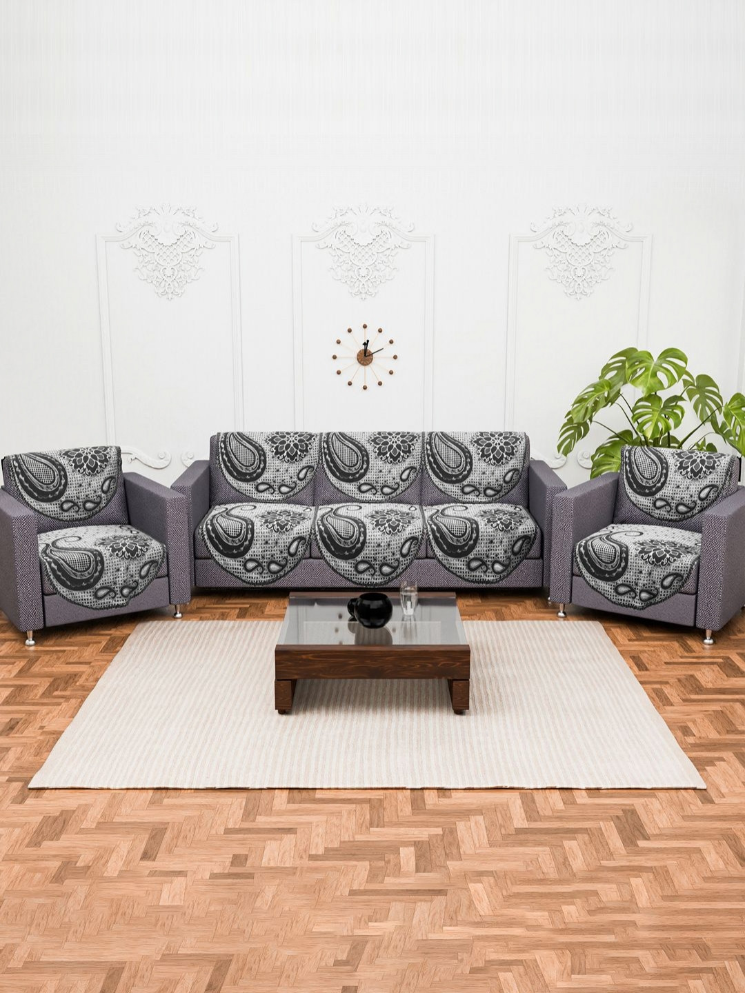 Myntra Elegant Homes Black & Grey 10 Pcs Carry Flower Textured Cotton 5 Seater Sofa Covers