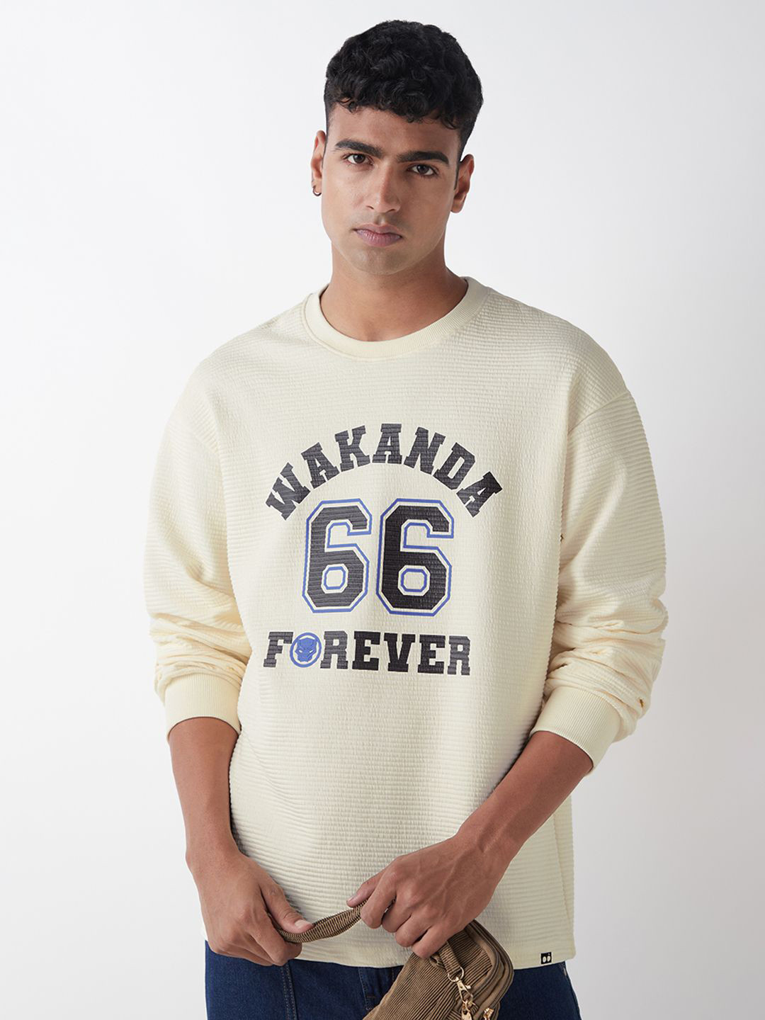 Bewakoof Men Black Panther Typography Textured Oversized Cotton T-shirt