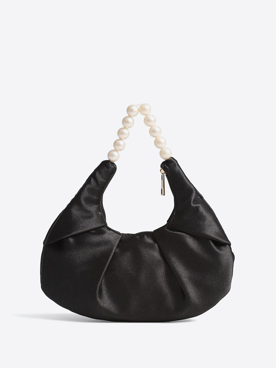 DressBerry Black Satin Cocktail Party Hobo Bag with Pearl Handle