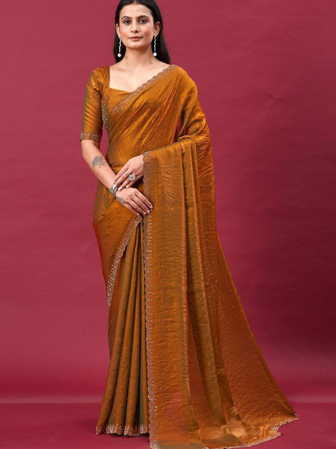 Branzios Beads and Stones Satin Saree