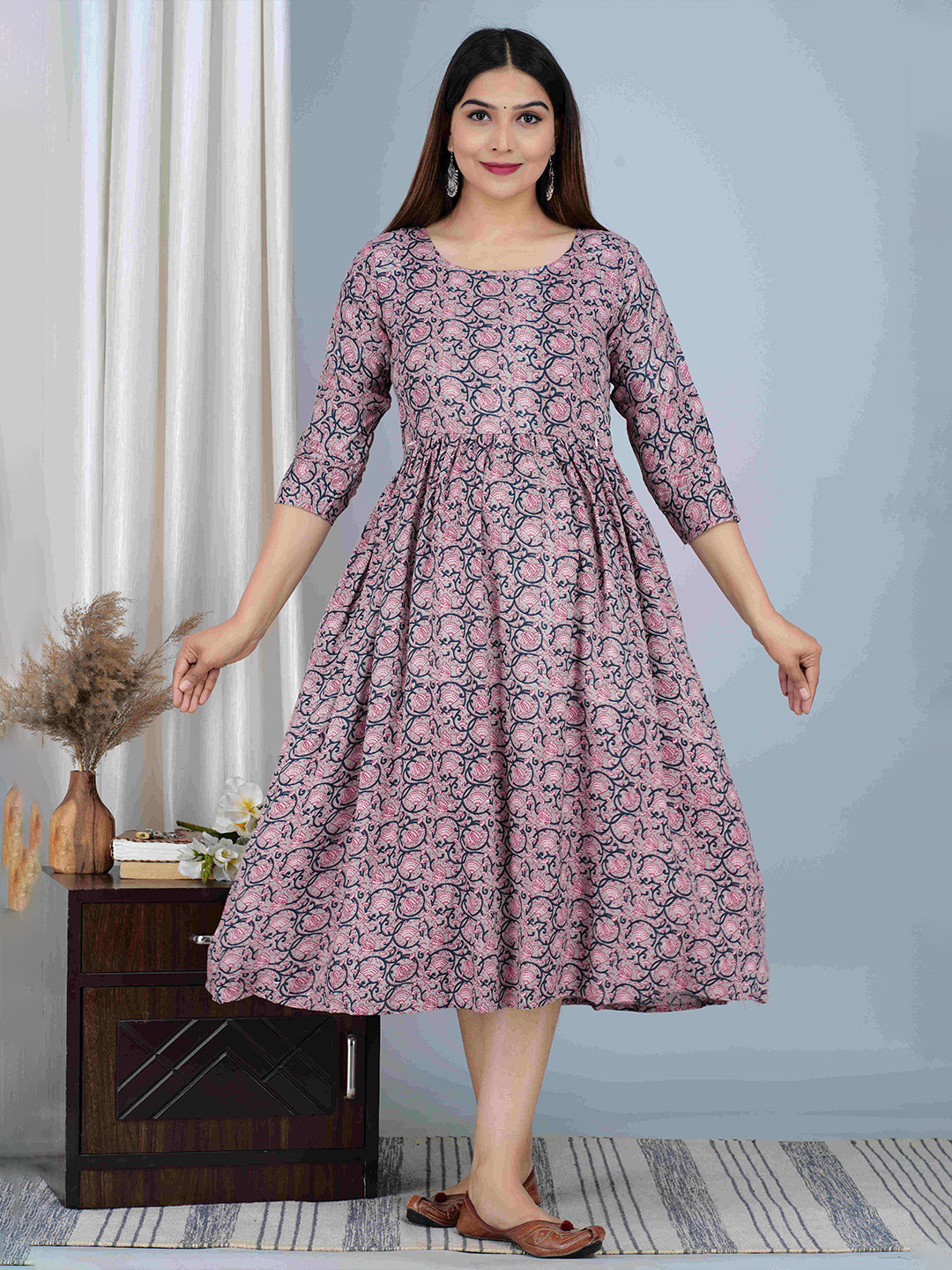 BAESD Tribal Printed Gathered or Pleated Round Neck Maternity Gown Midi Dress