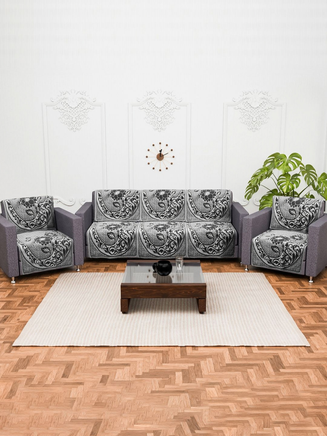 Myntra Elegant Homes Black & Grey 10 Pieces Flower Textured Cotton 5 Seater Sofa Covers