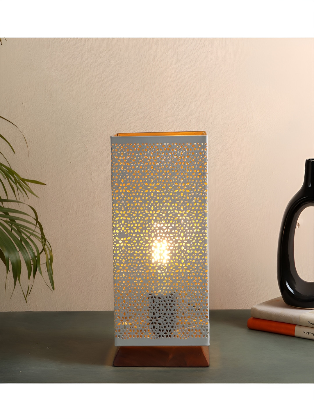 Two Moustaches White & Gold Toned Textured Metal Rectangle Shaped Table Lamp