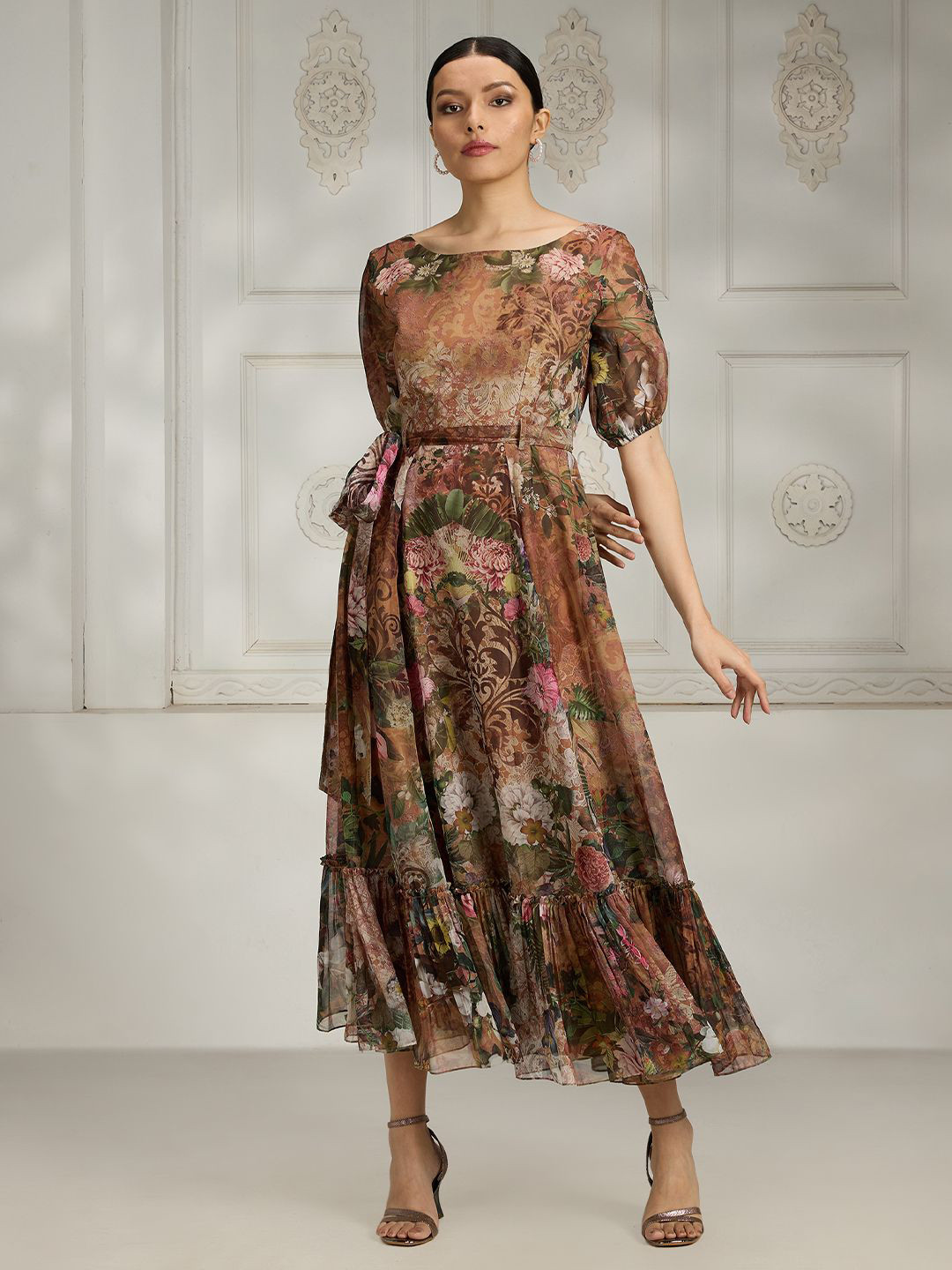Rivaar By Rocky Star Women Floral Printed Tie Up Fit and Flare Midi Dress with Belt