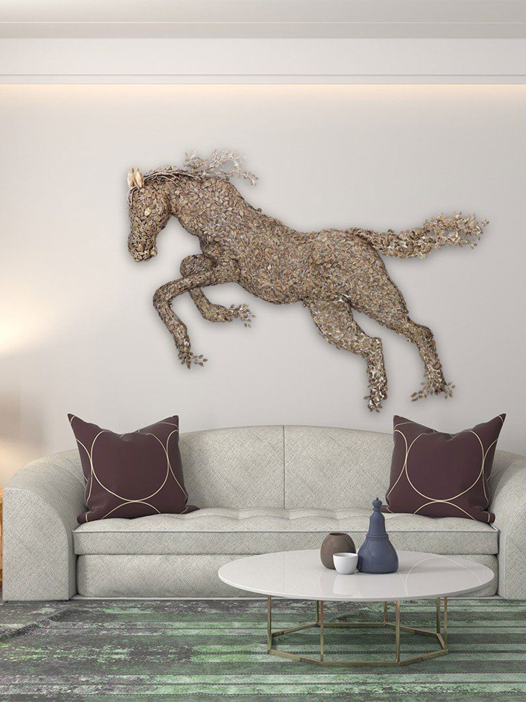 Exotic India Galloping Horse Made of Leaves Brass Antique Hall Wall Hangings-42.1In