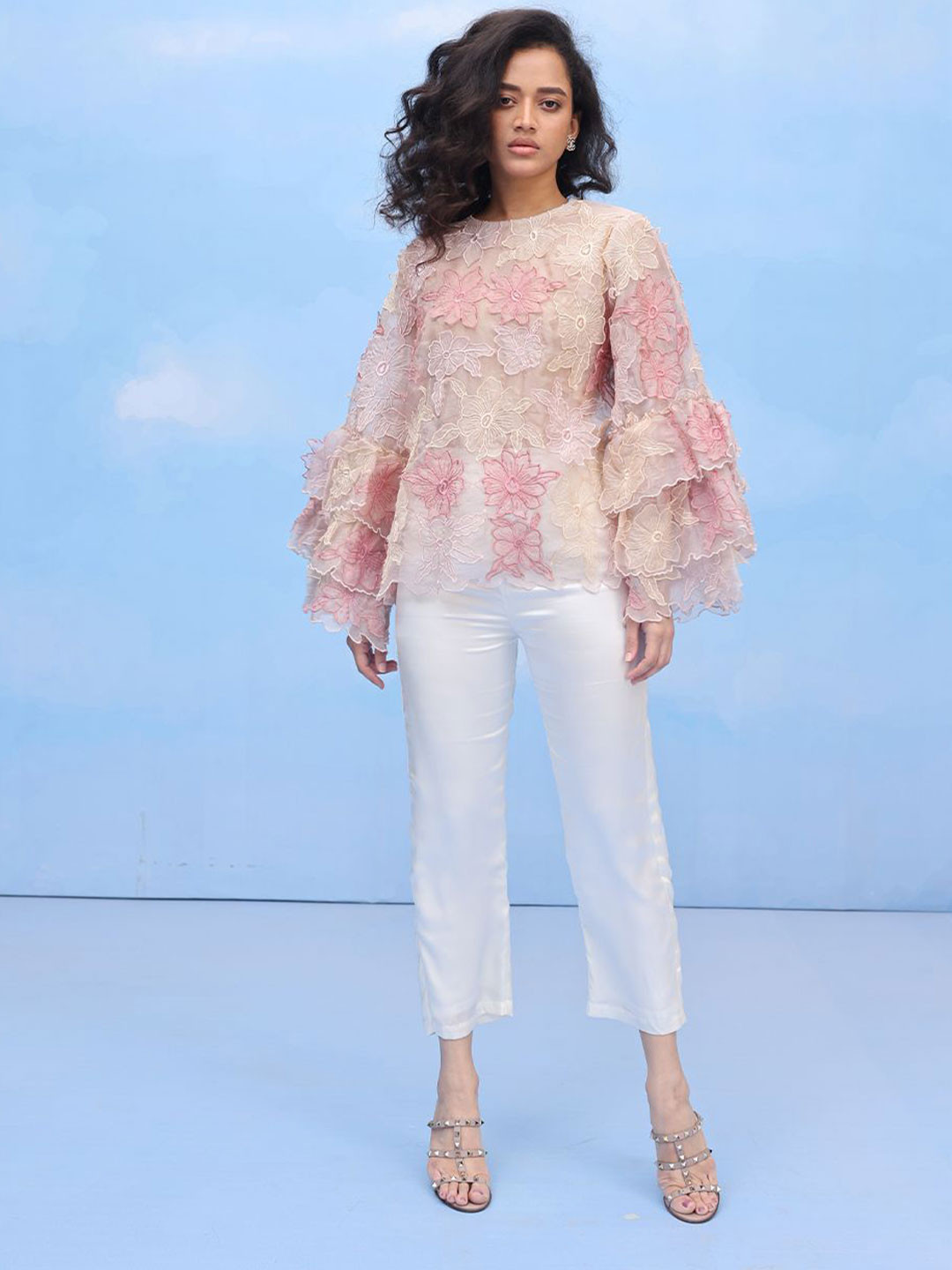 COUCHE BY ANANDINI Women Floral Embroidered Bell Sleeves Ruffles Top