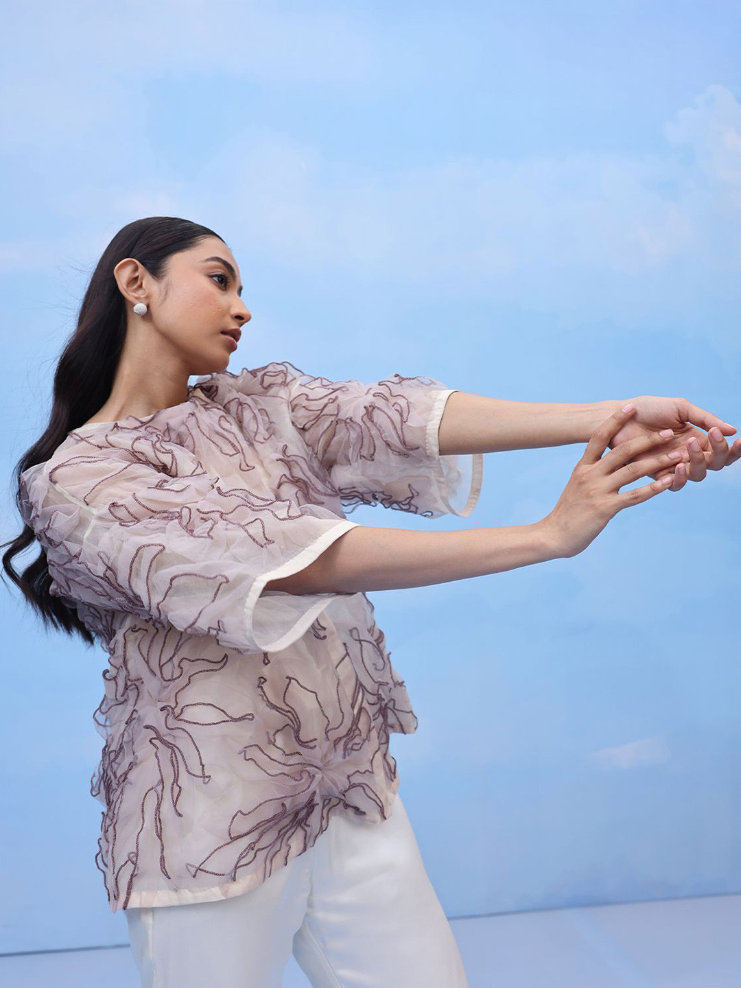 COUCHE BY ANANDINI Floral Embroidered Flared Sleeve Top