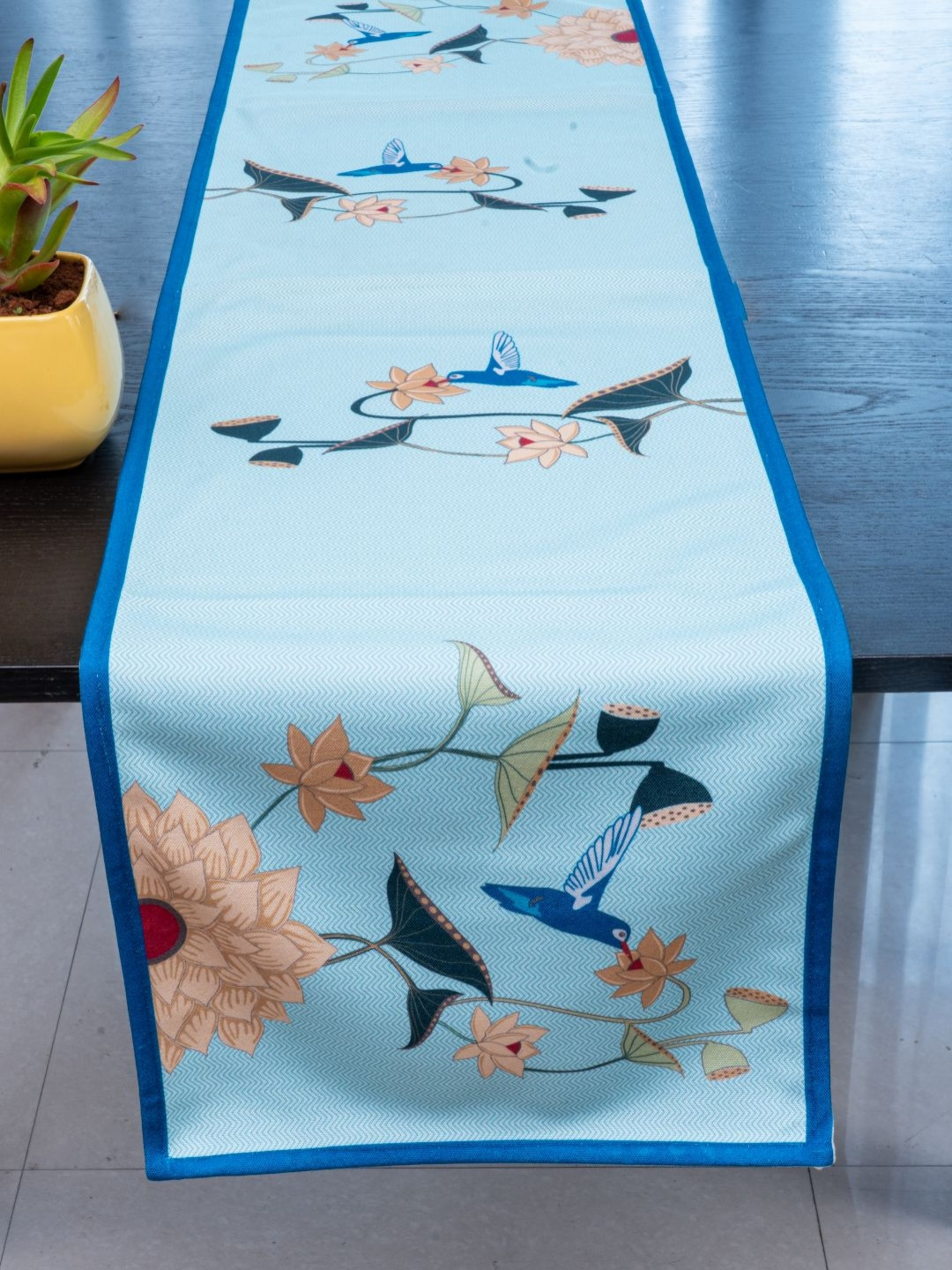 Indisca Designs Blue & Peach Colored Happy Lotus Printed Table Runners