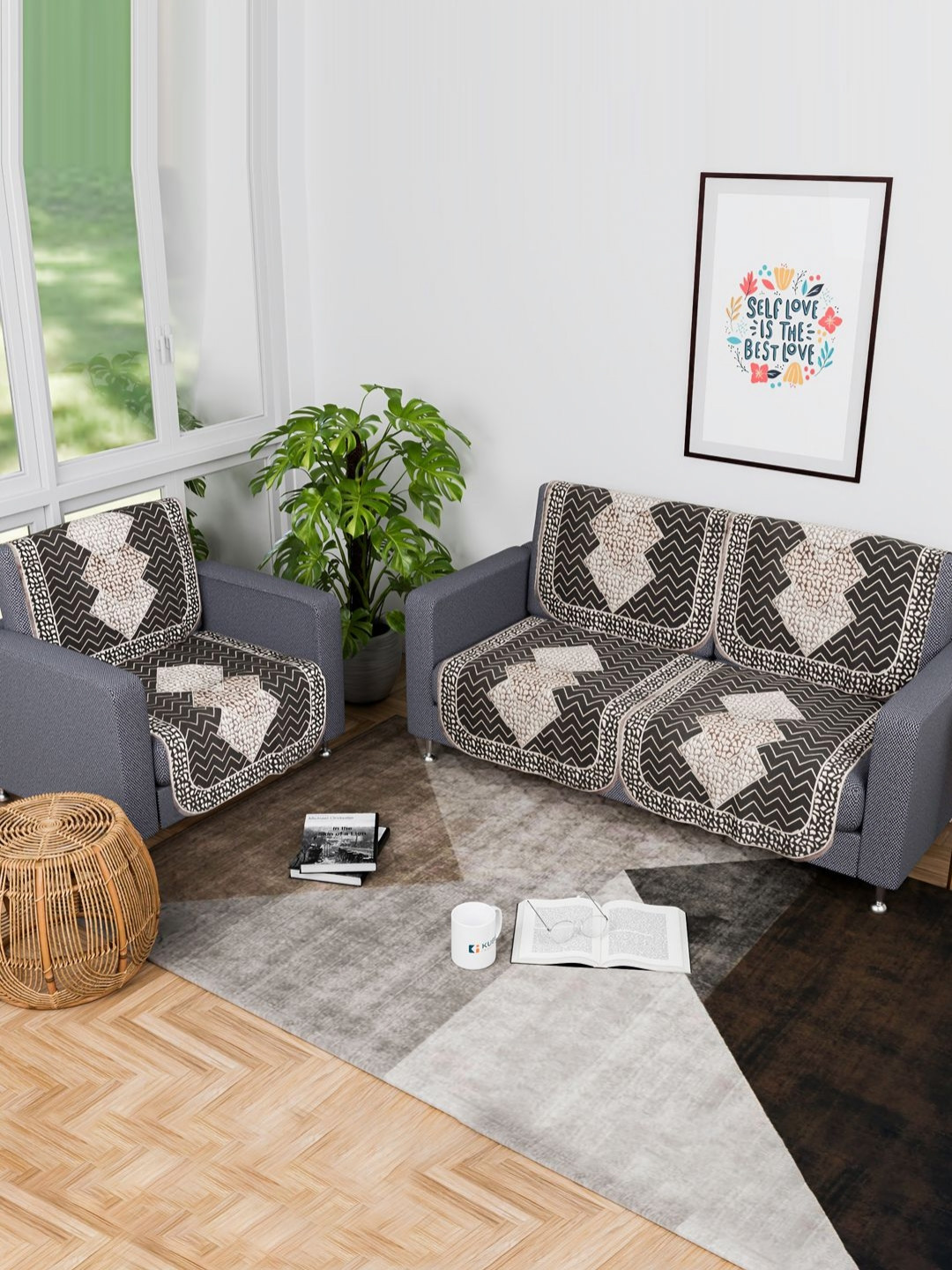 Myntra Elegant Homes Grey & Brown 6 Pieces Printed Shaneel 2+1 Seater Sofa Covers