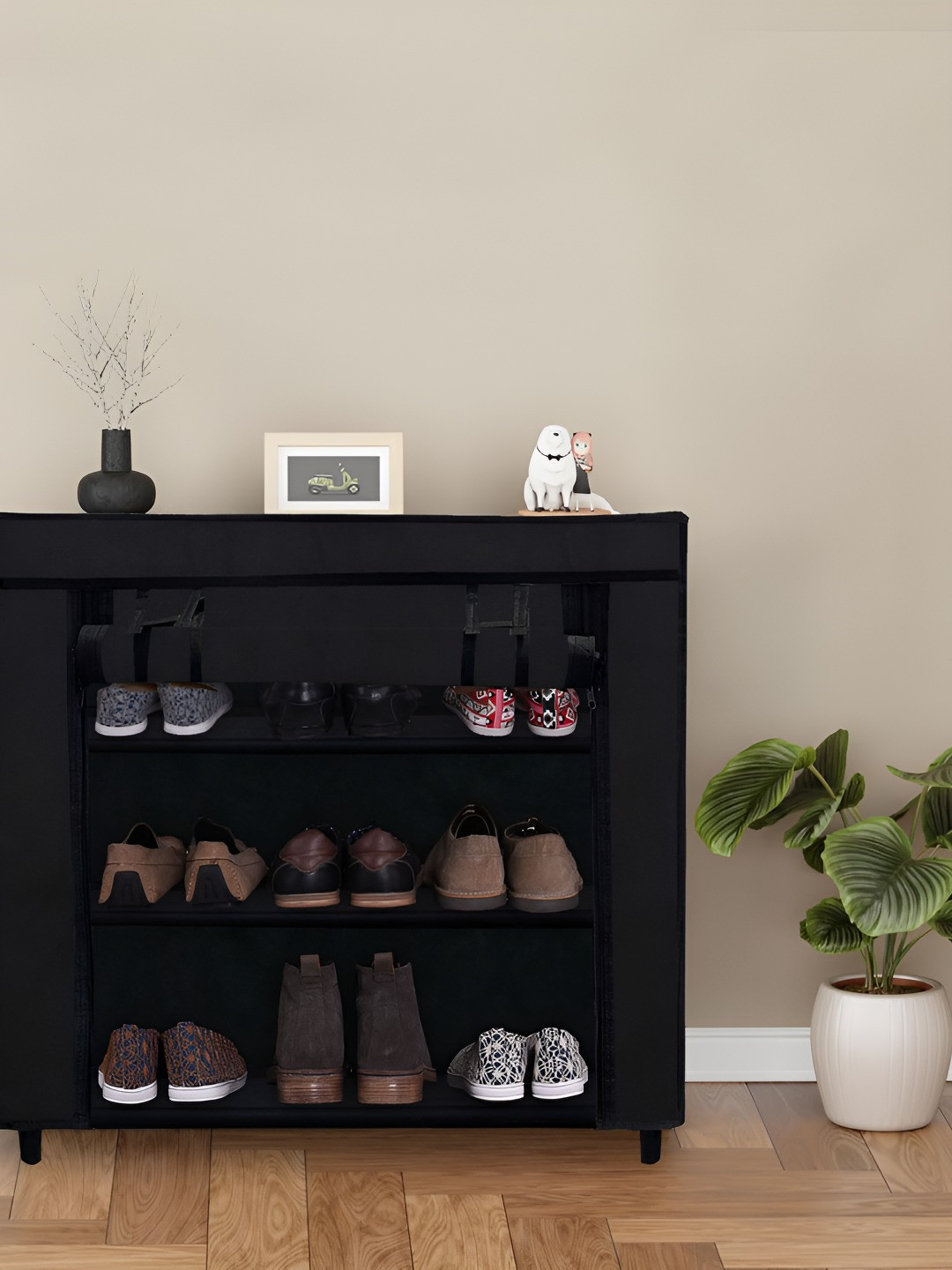 Rmerchants Black 3 Layers Stainless Steel Collapsible Shoe Rack