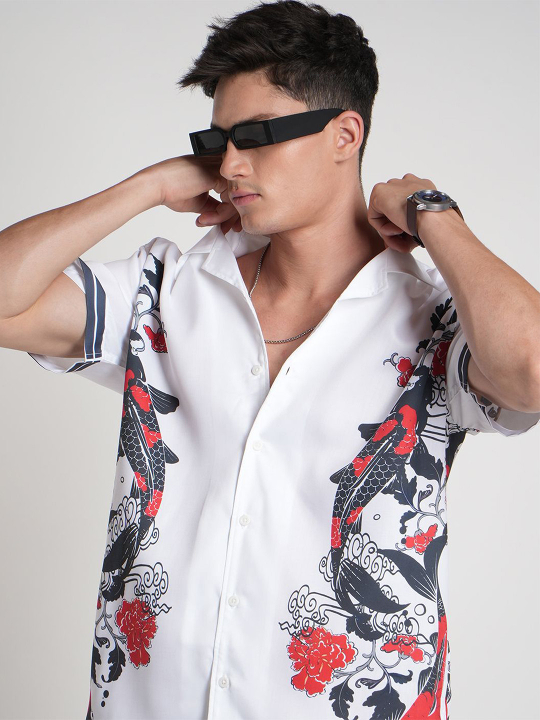 Voi Jeans Men Bohemian Printed Cuban Collar Casual Shirt