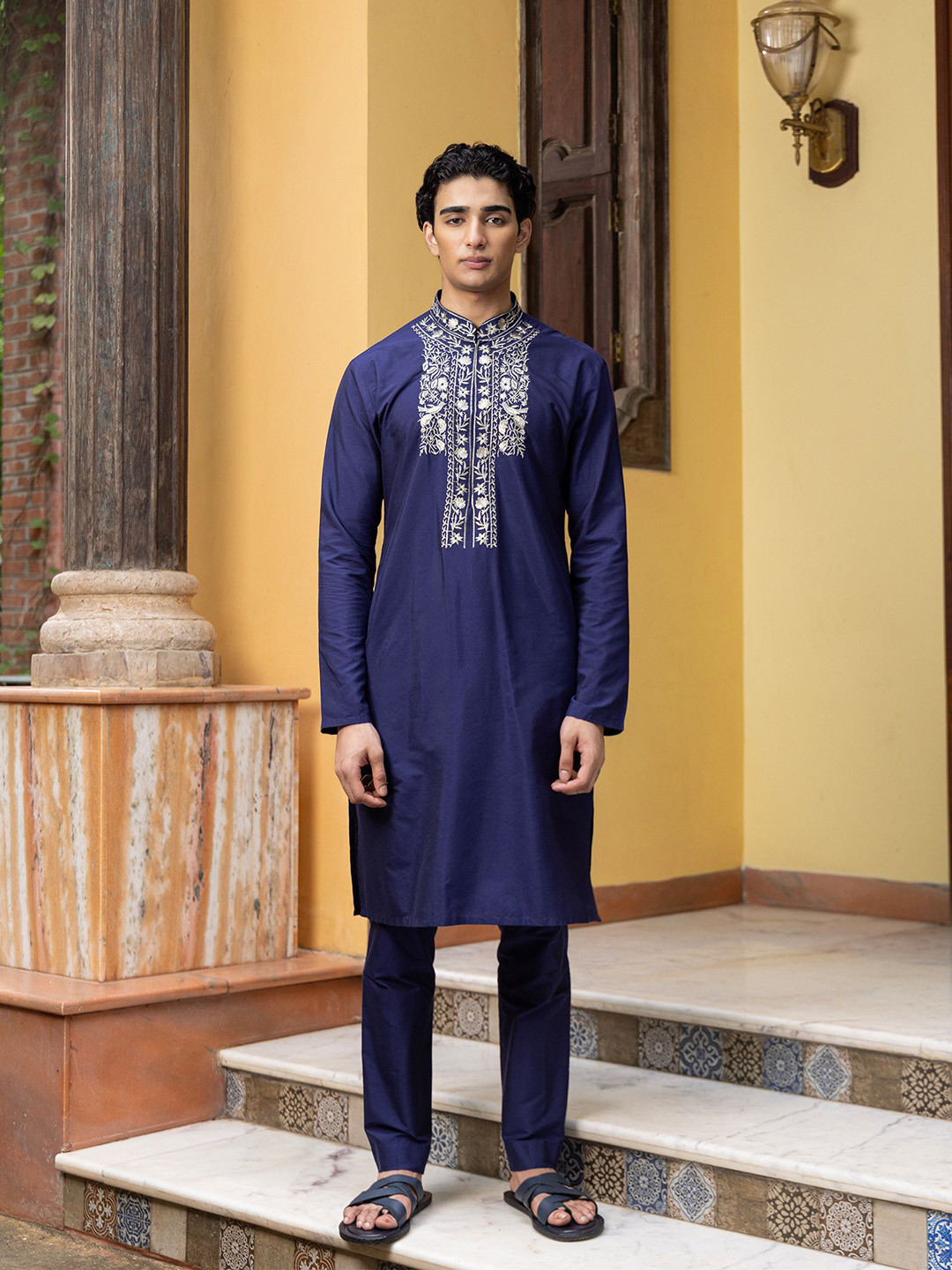 PATR Floral Yoke Design Mandarin Collar Thread Work Cotton Silk Straight Kurta