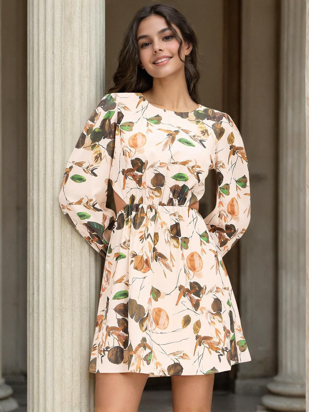 Cream Floral Print A-Line Mini Dress with Cut-Out Detail