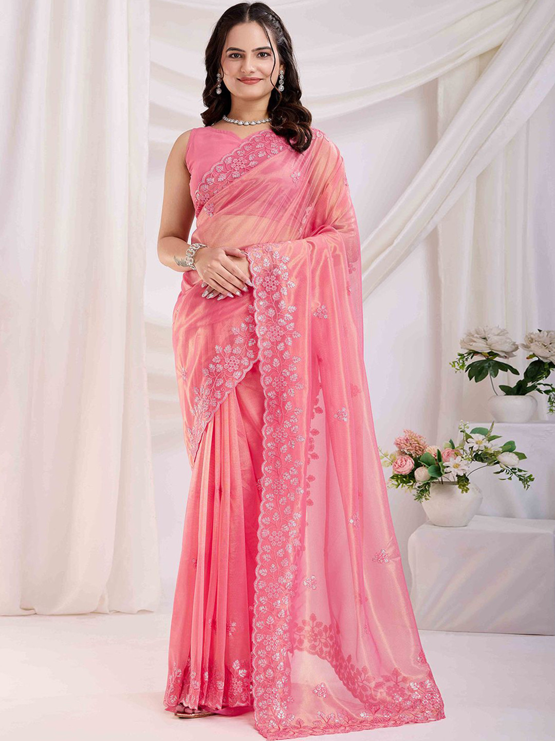 Peachmode Embellished Net Saree