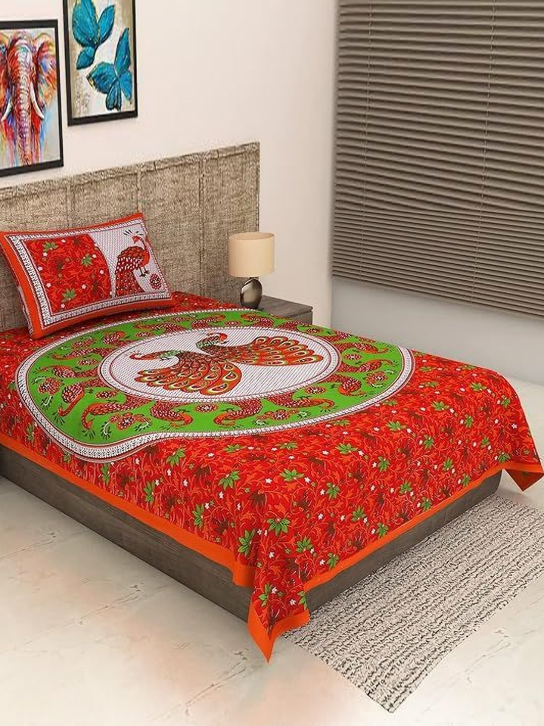 METRO LIVING Red Ethnic Motifs Cotton 104 TC Single Bedsheet with a Pillow Cover-85 x 57 inches