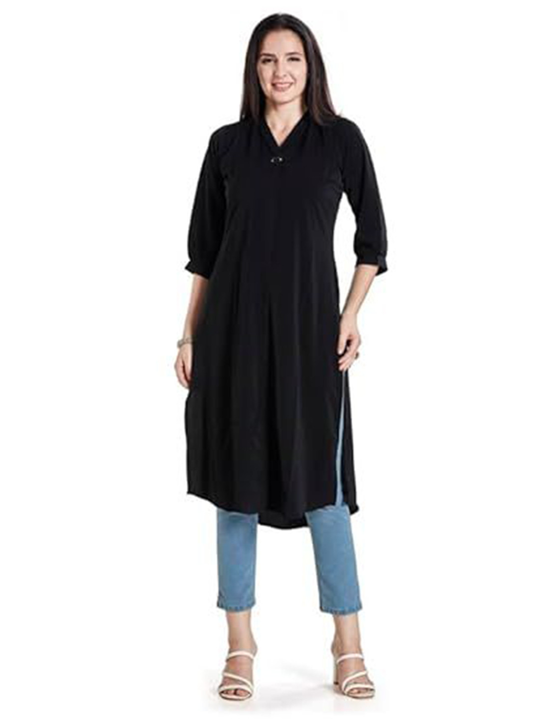 Nioni Women Satin Micro Pleated Three-Quarter Sleeves Kurta With Diamond Brooch