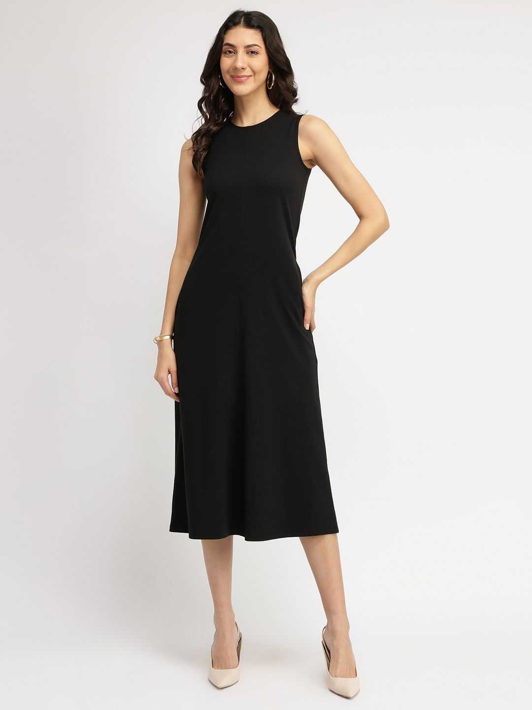 FableStreet Women Cotton A Line Knit Dress - Black