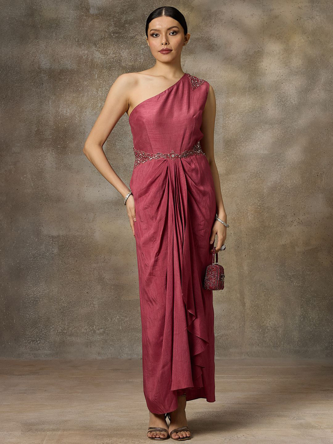 Rivaar By Rocky Star Solid Embellished Detail One Shoulder Drapped Maxi Dress