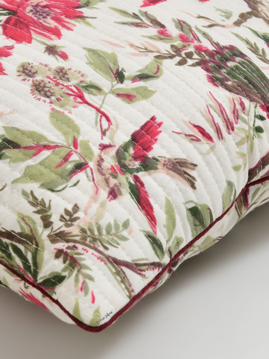 Urban Jaipur Red Floral Cotton Quilted 2 Embroidered Square Cushion Covers -24x24In