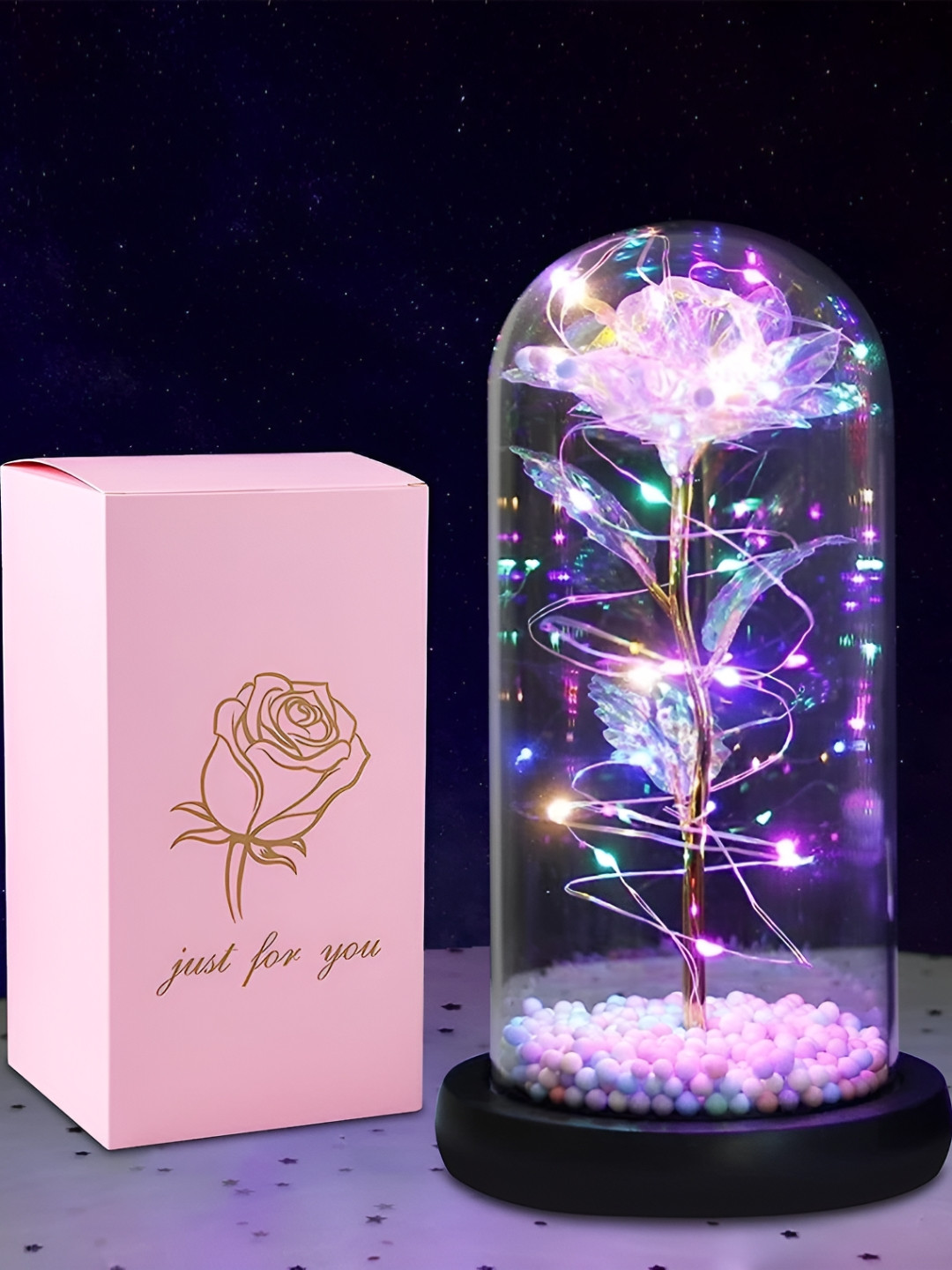 DWIZA ENTERPRISE Artificial Flower Rose Gift Purple Glass Glossy Living Room Lights Medium Showpiece - 2.4 Inches