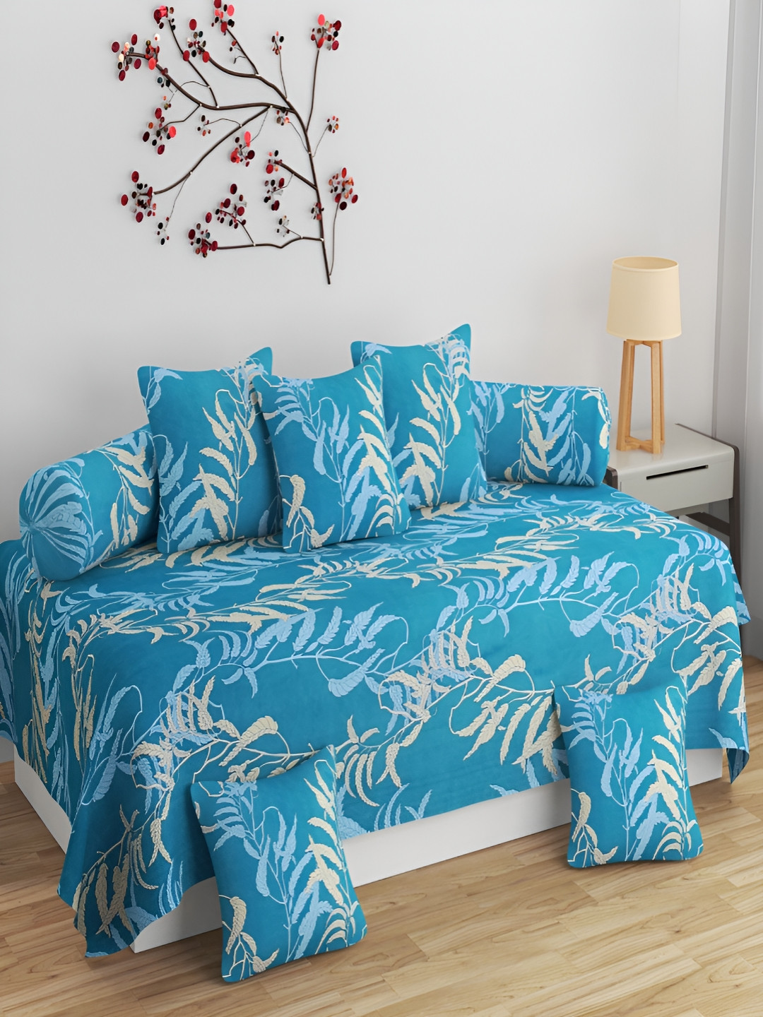 Aura Blue & Beige 8 Pieces Floral Printed 160 TC Diwan Set