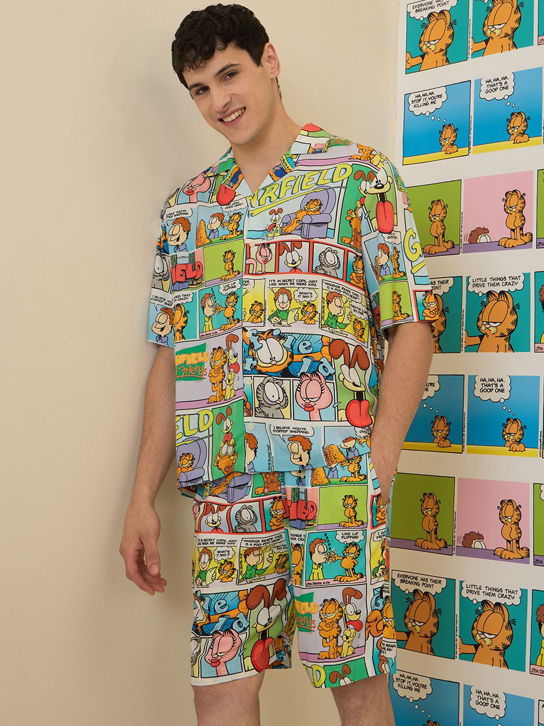 Sweet Dreams Men Garfield Characters Front Open Shorts Set