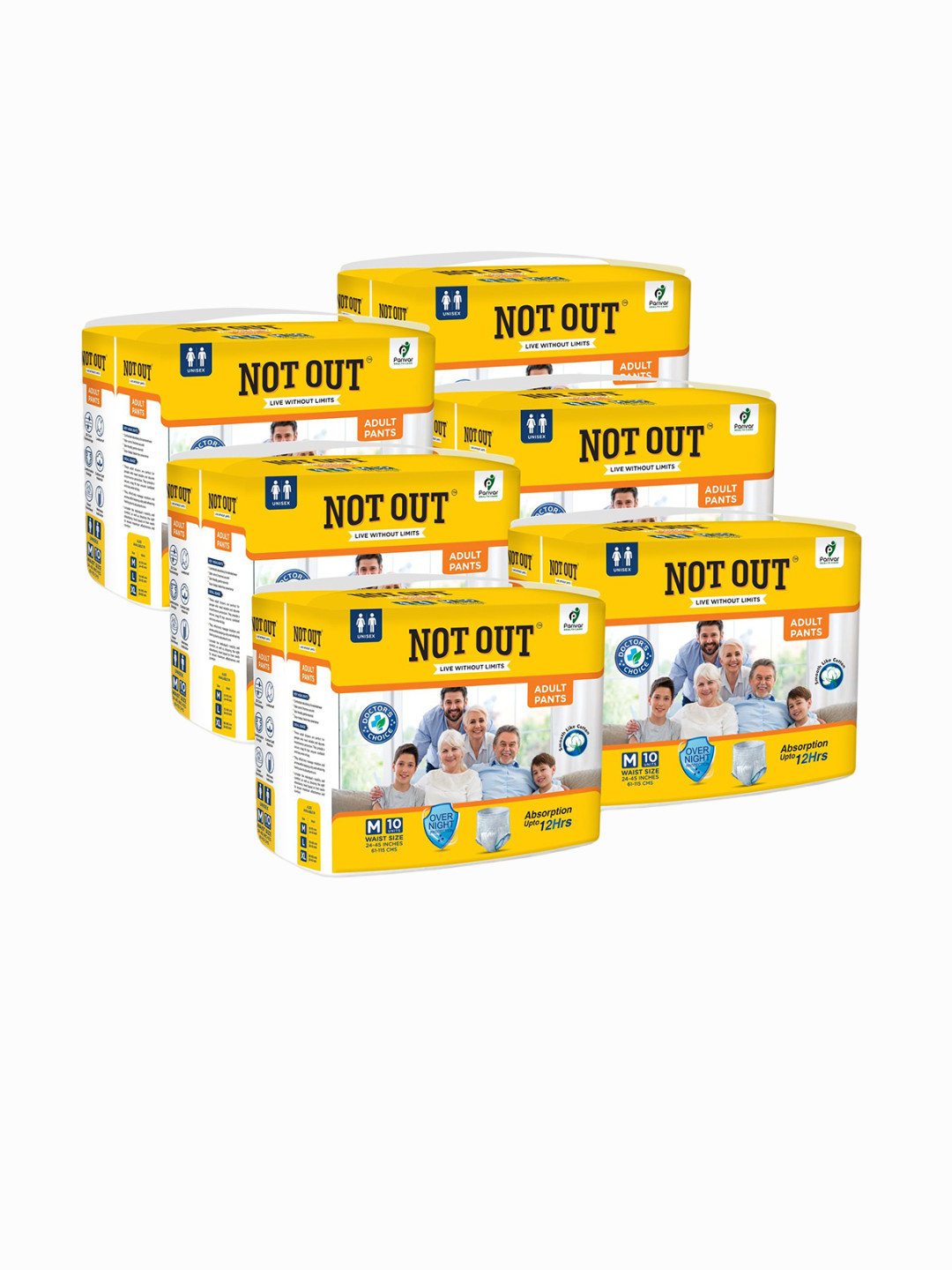 Not Out Set Of 6 3D Core Technology Adult Diapers - 10 Pieces Each - M