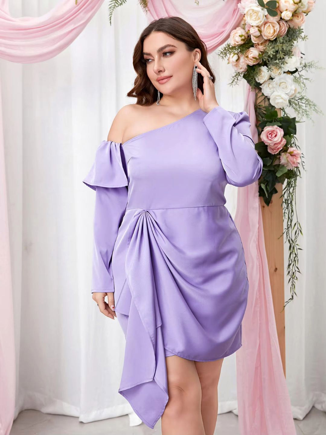 StyleCast Women Solid Long Sleeves Mini One Shoulder Bodycon Dress