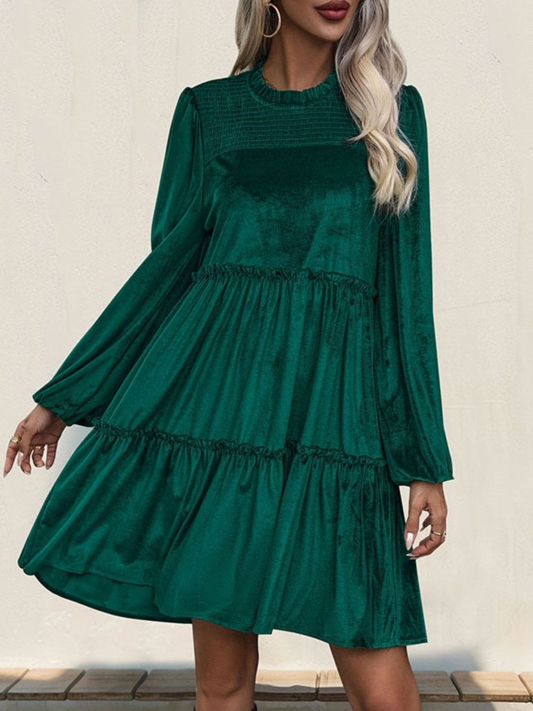 StyleCast Women Round Neck Puff Sleeves Tiered Empire Dress