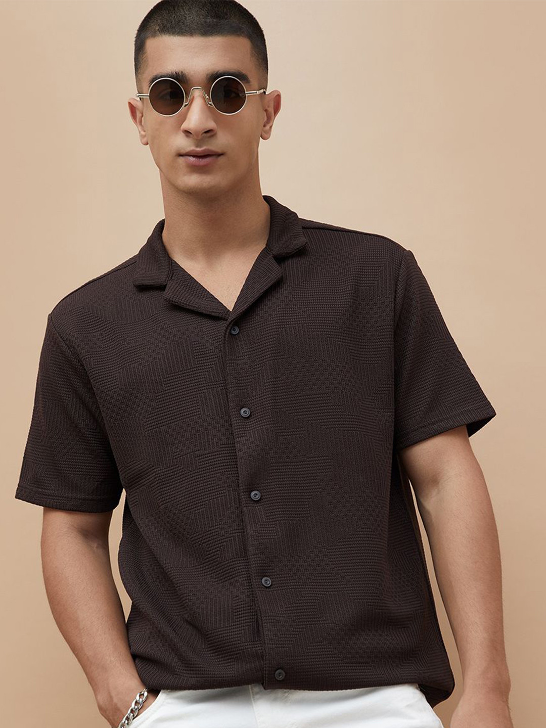 Forca Men Textured Cuban Collar Cotton Shirt