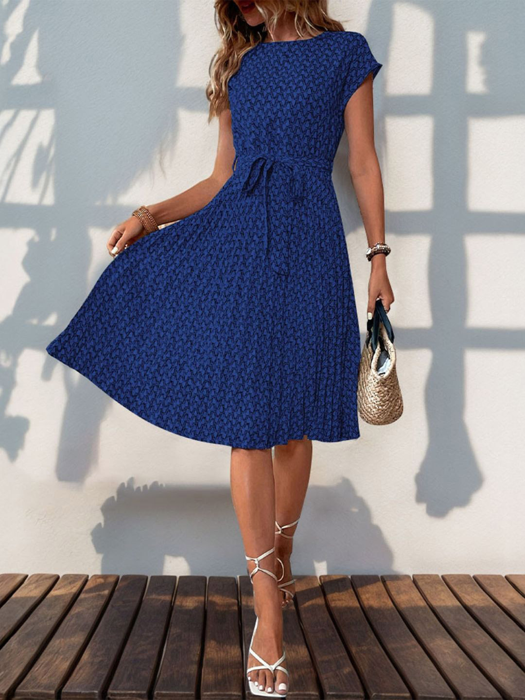 StyleCast Women Boat Neck Printed Short Sleeves Knee Length Print A Line Dress
