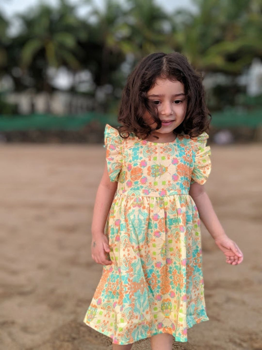 Tura Turi Girls Floral Printed Flutter Sleeve Frills Detail Fit & Flare Dress